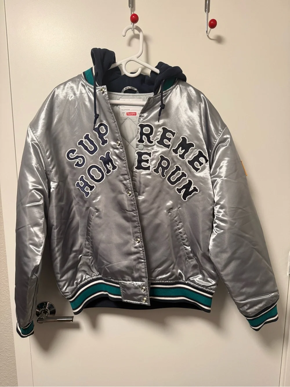 Supreme Silver Satin Varsity Jacket with Navy Hood & Teal Trim